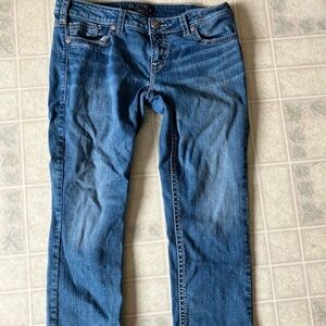 Silver aiko Capri Denim Pants White Stitch Embroidered Back Pockets